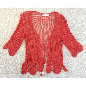BETTE PAIGE Y2K Crochet Cardigan Sweater Tie Front ¾ Sleeve Copper Shiny